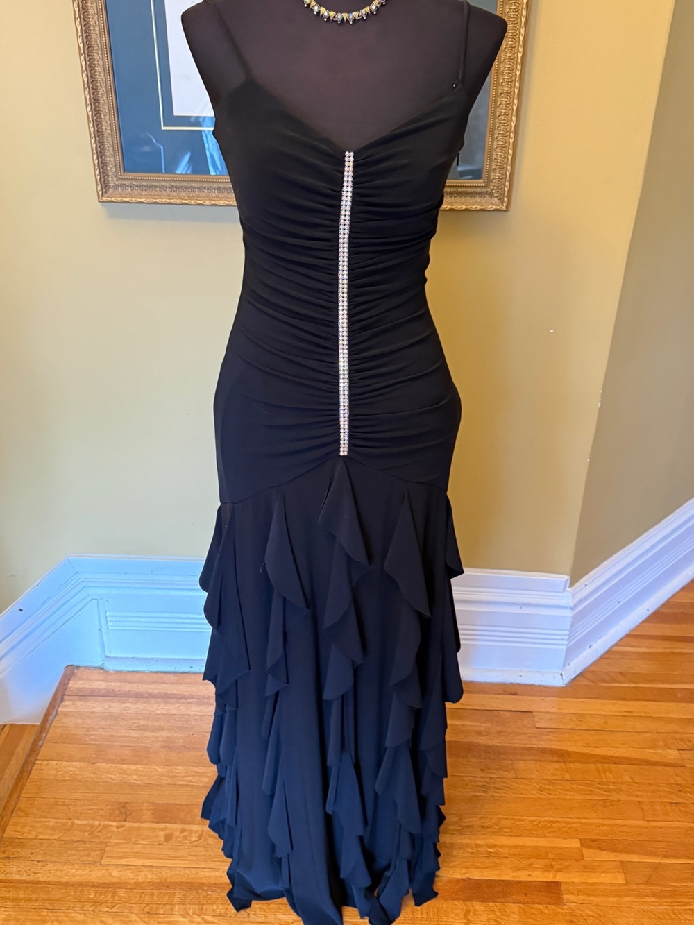 Scott McClintock Black Ruffled Prom Gown with Center Rhinestone Trim